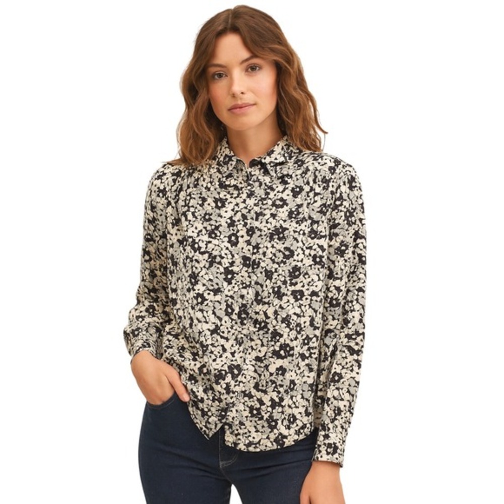 H&M Floral Print Long Sleeve Button Up Shirt S‎ Black Ivory Preppy Casual 79-66